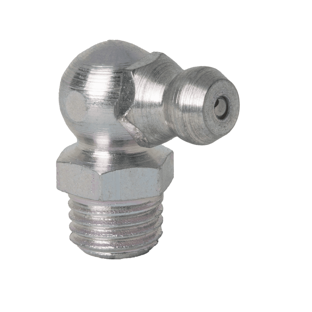 Premium M8 X 1 Taper 45˚ Grease Nipple With Hex Base, Threaded End, And Angled Nozzle On White Background For Industrial Use.