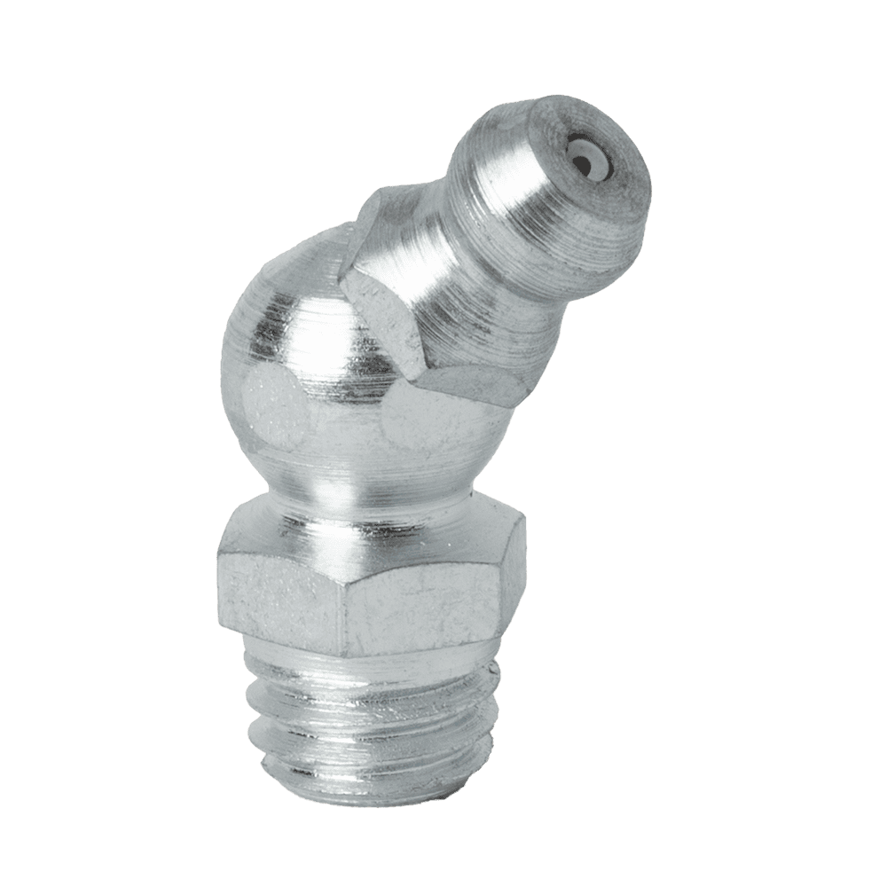 High-Quality M8 X 1.25 Taper 45˚ Grease Nipple With Hex Base And Angled Head For Precise Industrial Lubrication Applications.