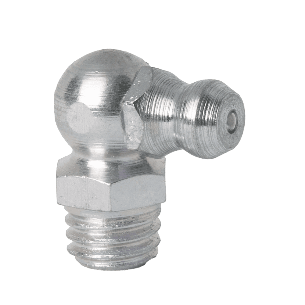 High-Quality M8 X 1.25 Taper 90˚ Zerk Grease Nipple With Hex Base And Angled Head, Ideal For Industrial Lubrication Systems.