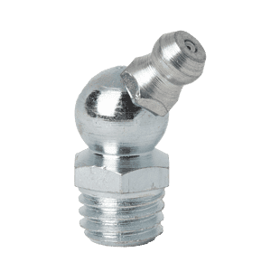 Ingrassatore Zerk M10 x 1,5 conico a 45˚ di alta qualità con base esagonale, ugello angolato e filettature, ideale per le esigenze di lubrificazione industriale.