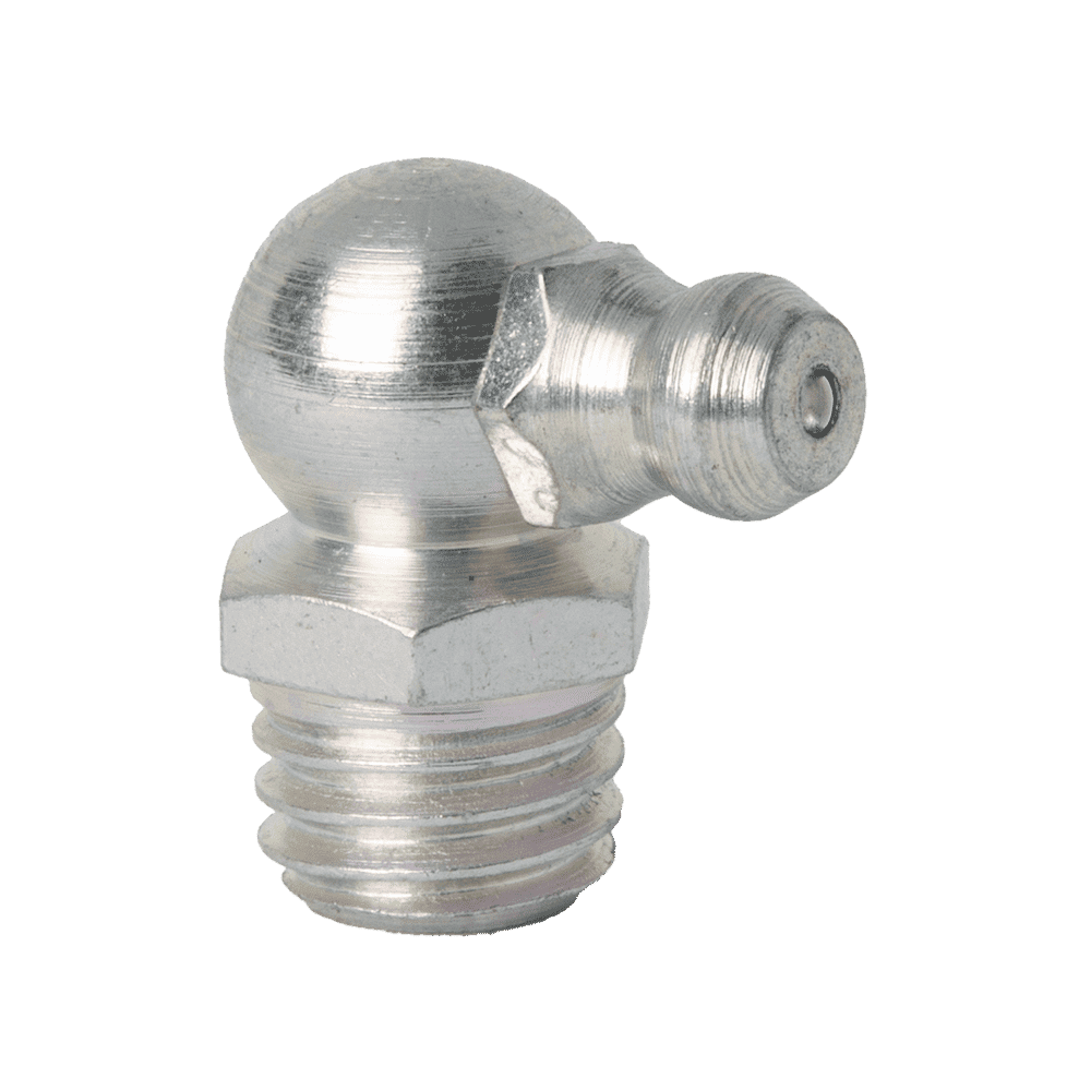 High-Quality M10 X 1.5 Taper 90˚ Grease Nipple With Silver Threaded Base And Angled Nozzle On White, Ideal For Industries.