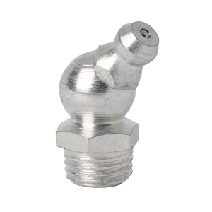 Ingrassatore conico M10 x 1 di alta qualità a 45° con base esagonale, estremità filettata e ugello angolato, di colore bianco, ideale per uso industriale.