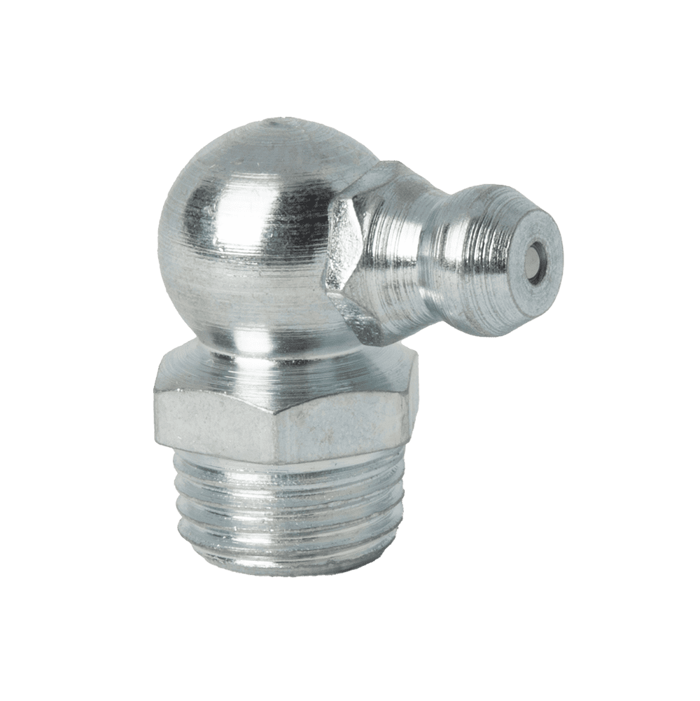 Premium M10 X 1 Taper 90˚ Grease Nipple, Hex Base And Angled Nozzle, Highlighted On White For Industrial Use.