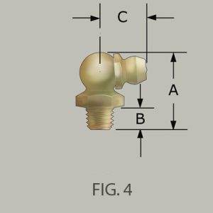 Schema tecnico del raccordo per grasso idraulico zincato di alta qualità da 1/4" x 20 BSW a 90˚; dimensioni etichettate A, B, C. FIG. 4.