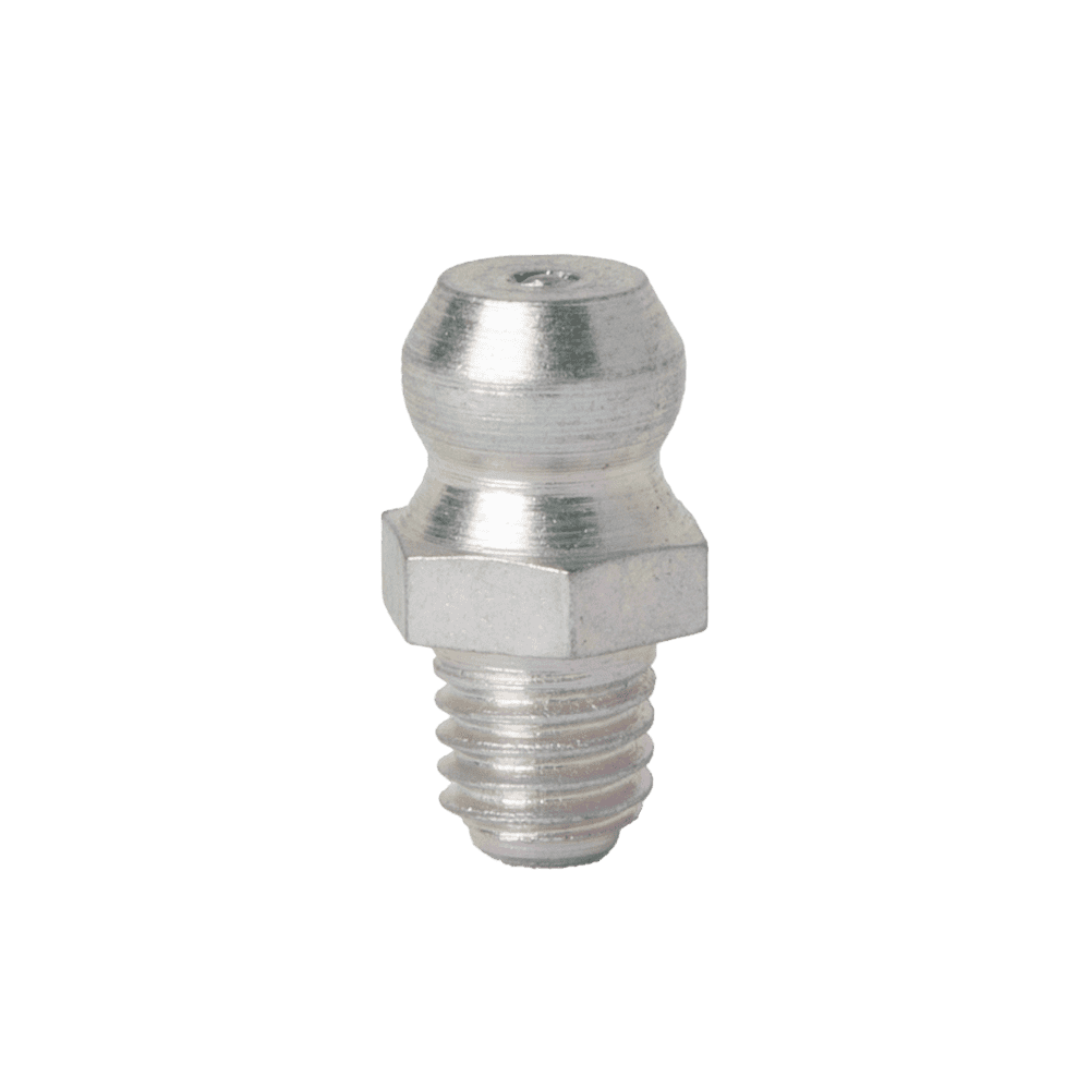 Premium M5 X 0.8 Taper Straight Grease Nipple, Silver Metal, Threaded Base, Rounded Top, On White Background—Ideal For Industry.