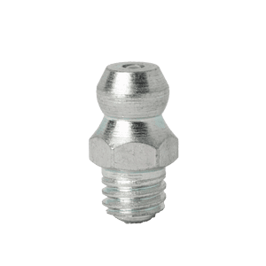 Ingrassatore dritto parallelo M6 x 1 di alta qualità con base esagonale ed estremità filettata, esposto in posizione verticale su uno sfondo bianco trasparente.