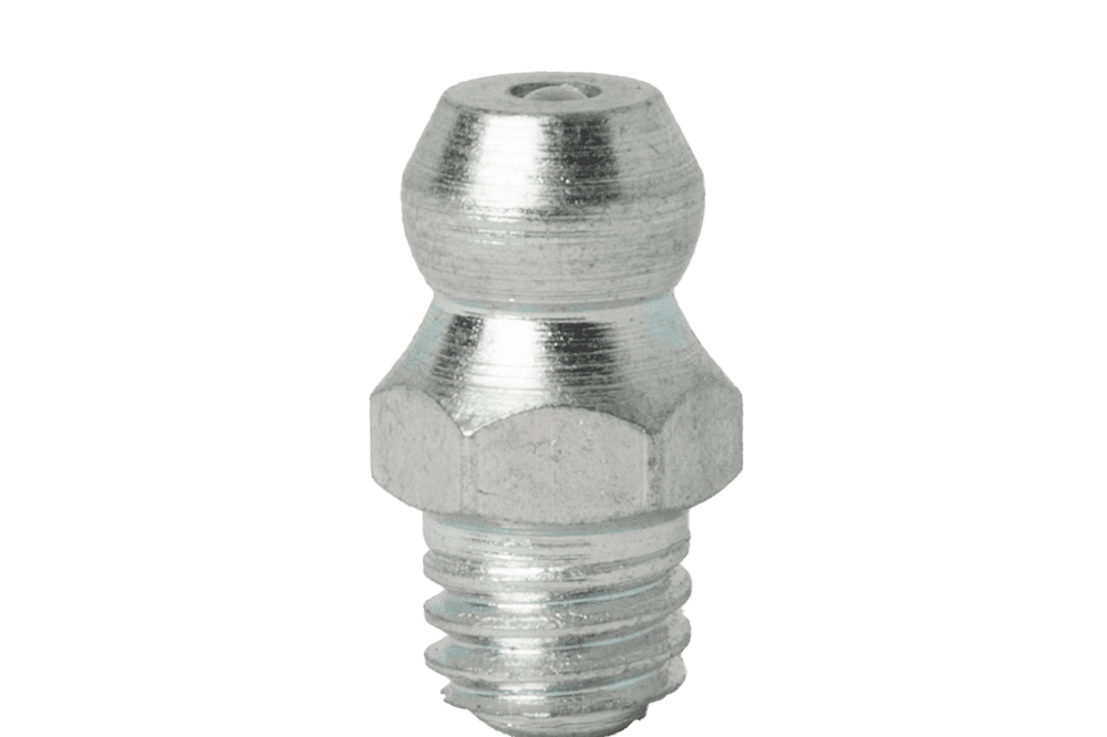 Premium M6 X 1 Parallel Straight Grease Nipple With Hex Base And Threaded End Showcased Upright On A Clear White Background.