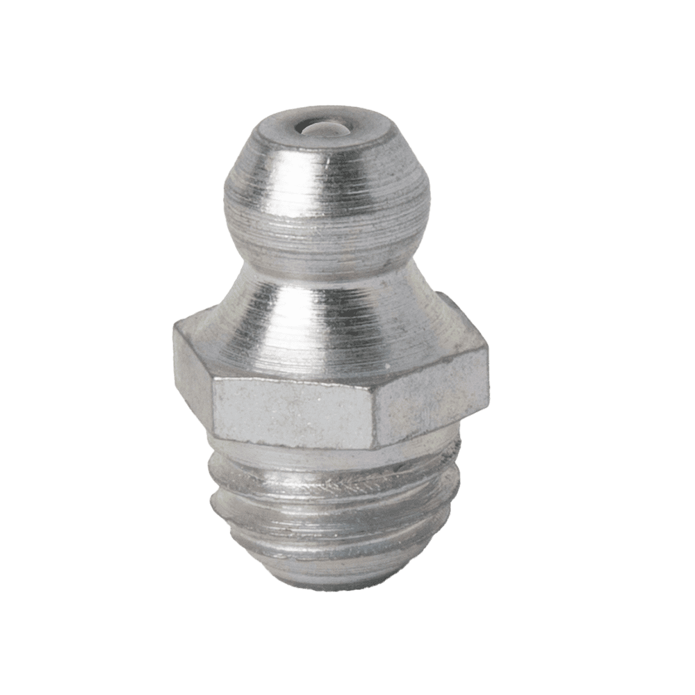 High-Quality M8 X 1.25 Taper Straight Grease Nipple With Threaded Base, Hexagonal Centre—Precision Design On A White Background.