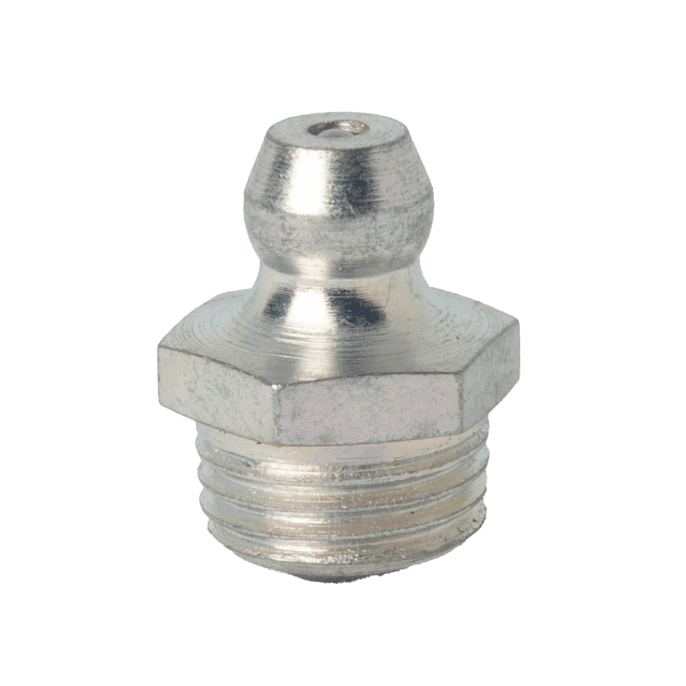 High-Quality M10 X 1 Taper Straight Grease Nipple With Hex Base And Threads, Ideal For Industrial Lubrication; White Background.