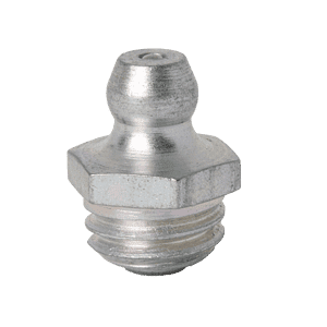 Ingrassatore dritto conico M10 x 1,5 di alta qualità con base esagonale e filettatura di precisione, progettato per sistemi di lubrificazione industriali.