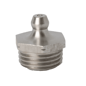 Ingrassatore dritto conico M16 x 1,5 di alta qualità, acciaio inossidabile 303, base esagonale, estremità filettata, su sfondo bianco.
