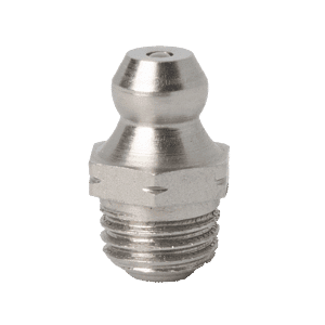 Ingrassatore dritto conico M8 x 1 di alta qualità in acciaio inox 303, base filettata e foro centrale, esposto su sfondo bianco.