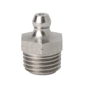 Ingrassatore dritto PTF da 1/4" x 18 di alta qualità, in acciaio inossidabile 303, base esagonale ed estremità filettata per un utilizzo sicuro delle apparecchiature industriali.