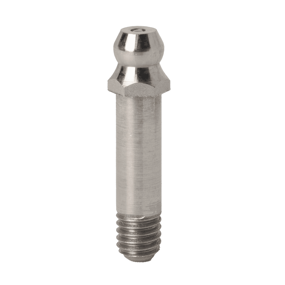 Hochwertiger Schmiernippel aus Edelstahl 303 (A2) M6 x 1, 30 mm, gerades Design, Gewindeende, abgerundete Oberseite; weißer Hintergrund.