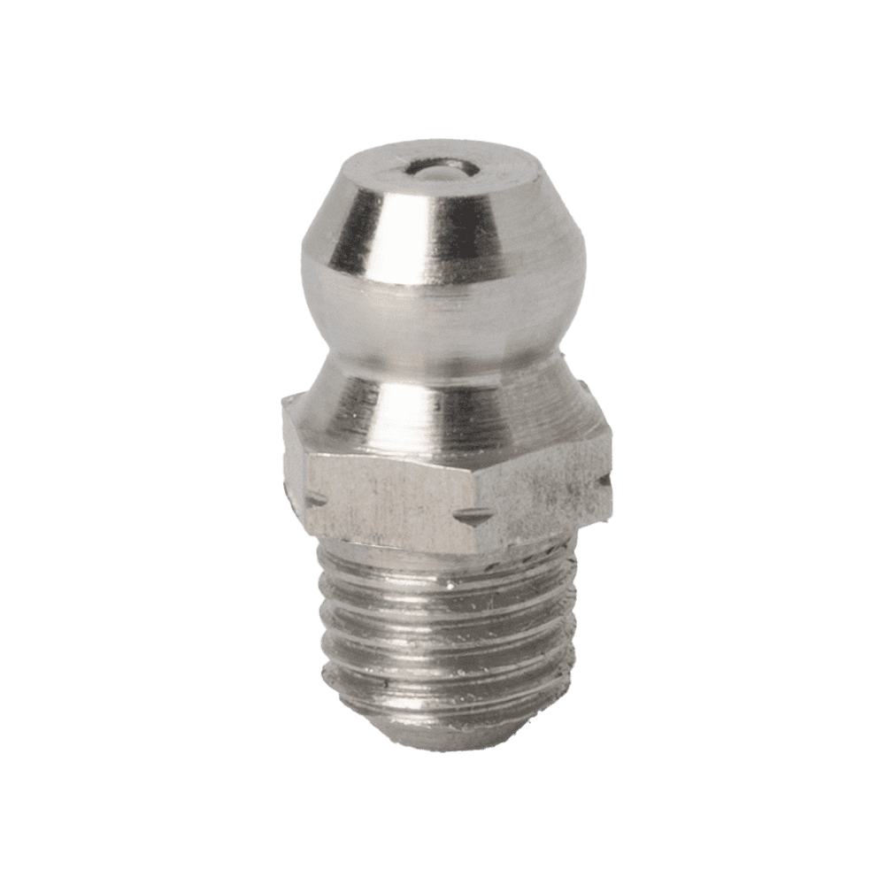 Hochwertiger gerader Kegelschmiernippel M6 x 0,75 aus Edelstahl 303, Sechskantsockel, Gewindeende, auf Weiß – ideal für den industriellen Einsatz.