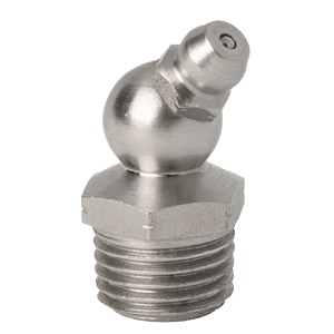 Ingrassatore in acciaio inox 303 di alta qualità da 1/4" x 19 BSPT a 45˚, base esagonale e ugello angolato per lubrificazione industriale. Sfondo bianco.
