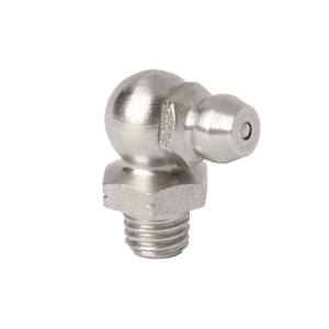 Ingrassatore Premium in acciaio inox da 1/4" x 28 SAE-LT 90° con base esagonale e ugello di lubrificazione, ideale per uso industriale.