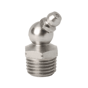 Ingrassatore PTF 45° Premium da 1/4" x 18 in resistente acciaio inossidabile 303, base filettata, ugello angolato per una lubrificazione di precisione.