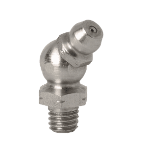 Ingrassatore conico M6 x 1 Premium a 45˚ in acciaio inossidabile 303, ugello angolato, base filettata, presentato su sfondo bianco.