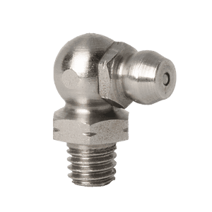 Ingrassatore conico M6 x 1 a 90° di alta qualità in acciaio inossidabile A2, con base filettata e ugello angolato per una lubrificazione di precisione.