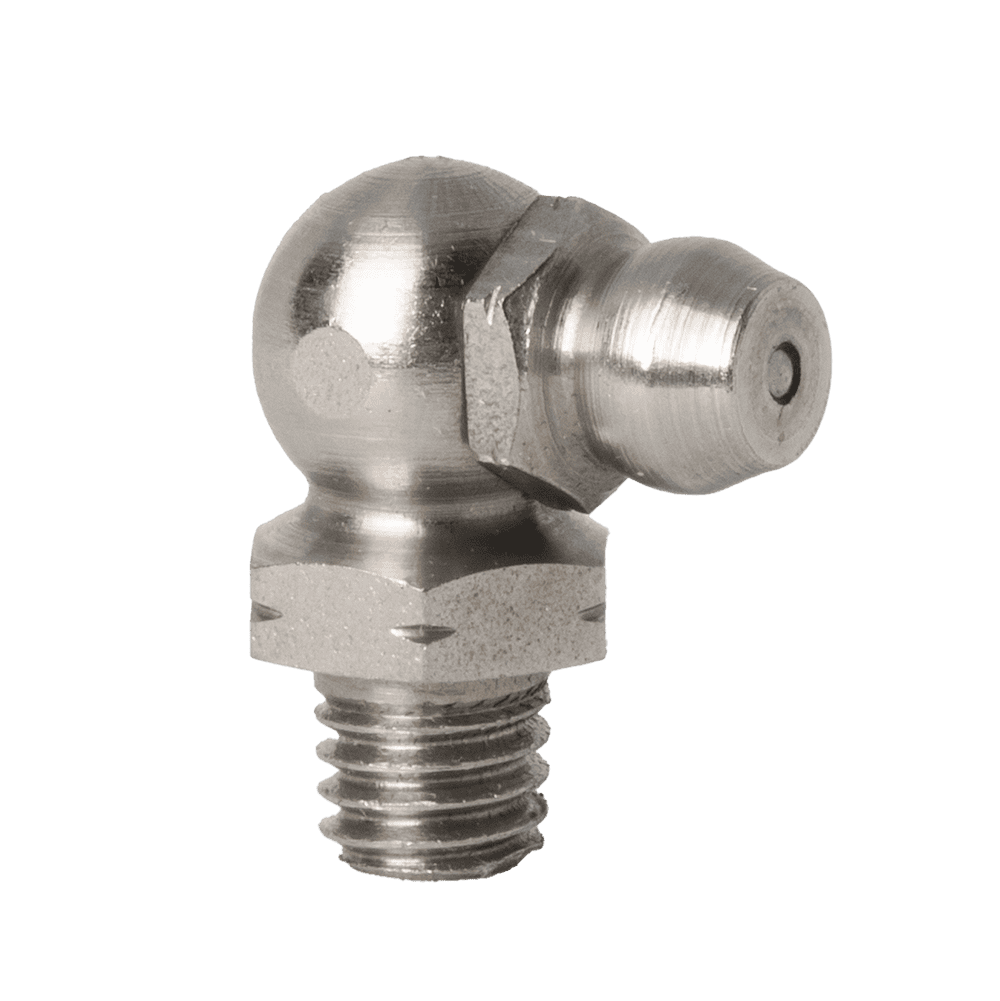 Hochwertiger M6 x 1 Kegel 90˚ Schmiernippel aus Edelstahl A2, mit Gewindesockel und abgewinkelter Düse für Präzisionsschmierung.