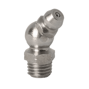 Ingrassatore conico M8 x 1 45˚ in acciaio inossidabile di alta qualità con base filettata e ugello angolato, ideale per macchinari industriali.