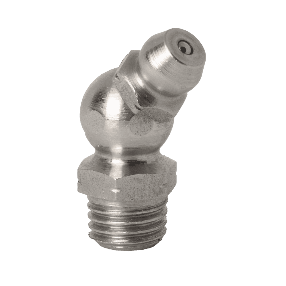 Hochwertiger M8 x 1 Kegel 45˚ Edelstahl-Schmiernippel mit Gewindesockel und abgewinkelter Düse, ideal für Industriemaschinen.