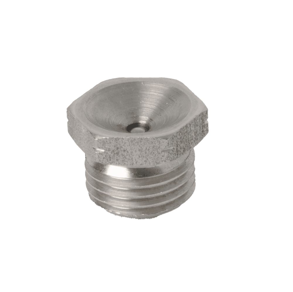Premium M10 x 1 DIN 3405 Cup Typ 303 Edelstahlschraube mit Sechskantkopf und Cup-Oberseite, perfekt für industrielle Schmiernippel.