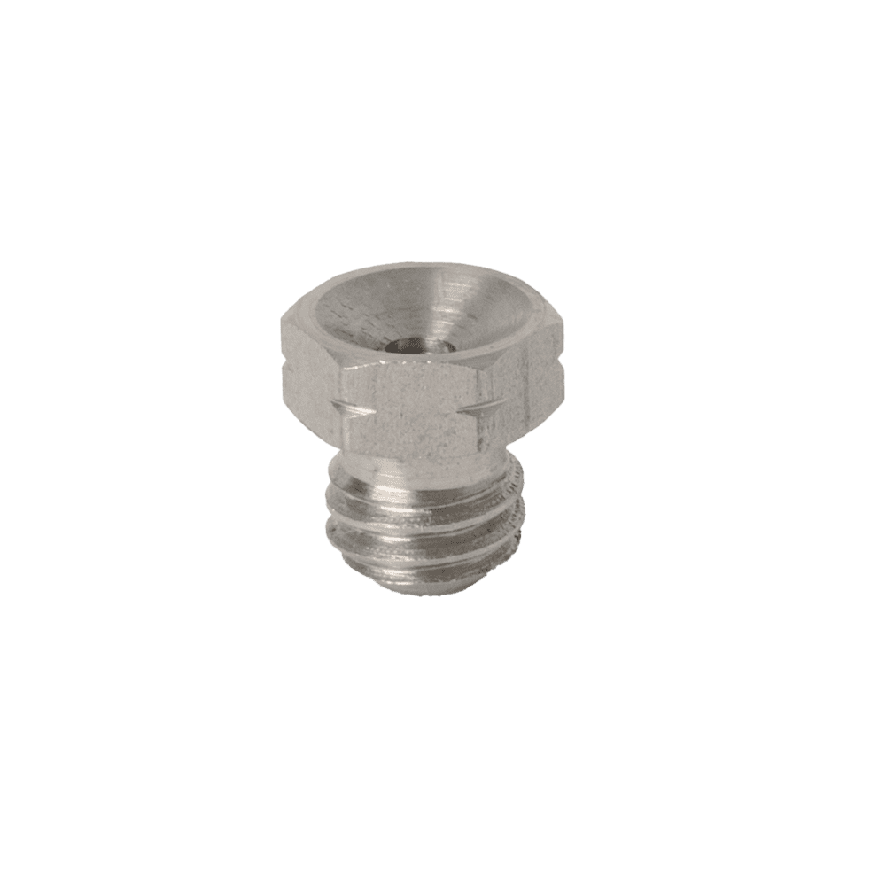 Hochwertige M6 x 1 DIN 3405 Edelstahlschraube mit Becher für industrielle Schmiernippel, silbernes Finish, Sechskantkopf, auf weißem Hintergrund.