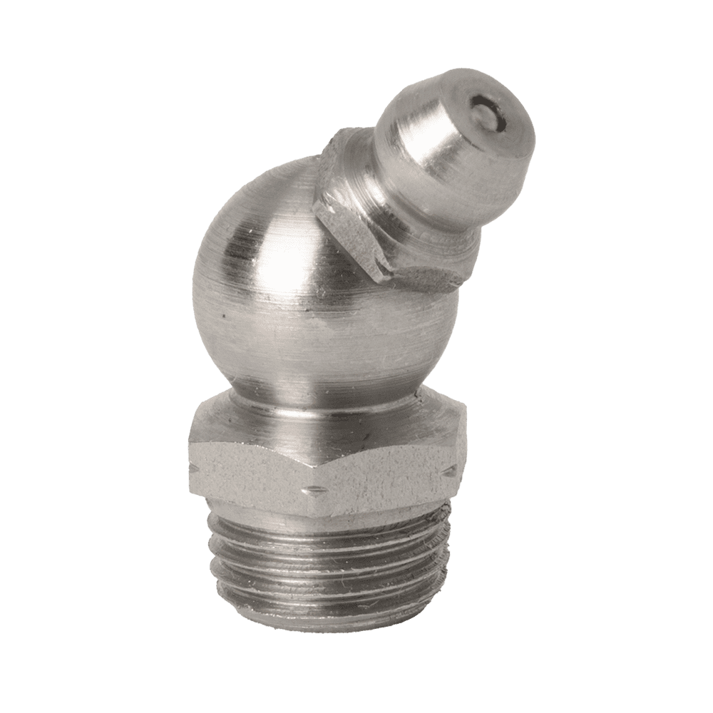Hochwertiger M10 x 1 Kegel 45˚ Schmiernippel aus Edelstahl 303, Gewindesockel, abgewinkelte Düse für industrielle Schmierung.
