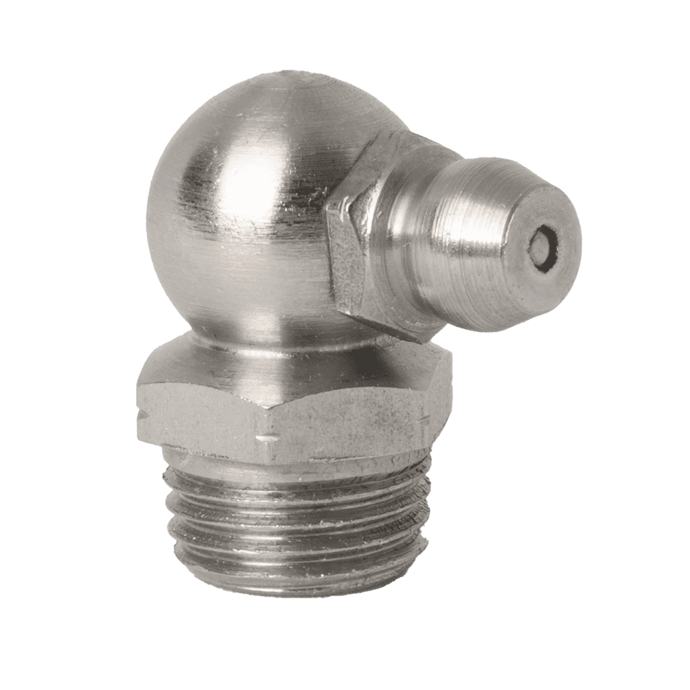 Nahaufnahme eines hochwertigen M10 x 1 Kegel-90°-Schmiernippels, Edelstahl 303, Gewindesockel, abgewinkelte Düse für industrielle Schmierung.
