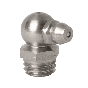 Ingrassatore conico a 90° M10 x 1,5 di alta qualità in acciaio inox 303 con base filettata e testa angolata, ideale per esigenze di lubrificazione industriale.