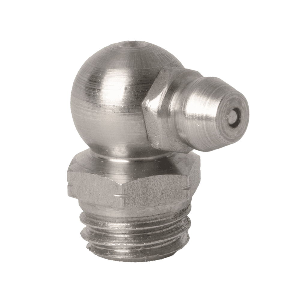 Hochwertiger M10 x 1,5 Kegel 90˚ Schmiernippel aus Edelstahl 303 mit Gewindesockel und abgewinkeltem Kopf, ideal für industrielle Schmieranforderungen.
