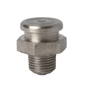 Ingrassatore a testa bombata in acciaio inossidabile PTF 303 di alta qualità da 1/8 x 27 con base esagonale ed estremità filettata, su sfondo bianco.