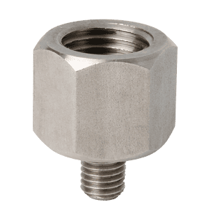 Adattatore in acciaio inossidabile di alta qualità da 1/4" BSP femmina a 1/4" UNF maschio, corpo esagonale, ideale per il montaggio sicuro di ingrassatori in ambito industriale.