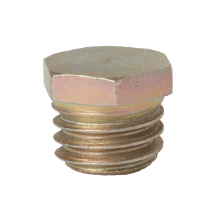 Tappo conico M10 x 1,5 di alta qualità con filettatura esterna e corpo esagonale in ottone per raccordi per grasso industriali, su sfondo bianco.