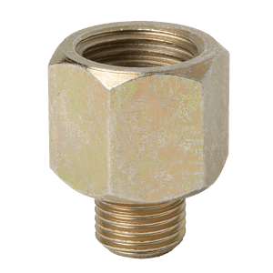 Adattatore filettato maschio M10x1 da 1/4" BSP femmina di alta qualità, dado esagonale in ottone, ideale per ingrassatori, mostrato su sfondo bianco pulito.