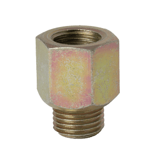 Adattatore esagonale da 1/8" x 28 BSP femmina a M10x1 maschio di alta qualità, in metallo giallastro, filettature di precisione, ideale per raccordi per tubi industriali.