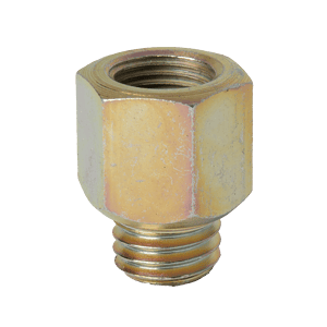 Adattatore di alta qualità da 1/8" x 28 BSP femmina a M10 x 1,5 maschio per ingrassatori, dettaglio filettatura interna/esterna, sfondo bianco.