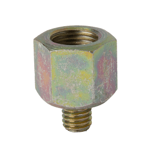 Dado di raccordo adattatore maschio Premium da 1/8" x 28 BSP a M6 x 1 con filettature resistenti, ideale per ingrassatori, su sfondo bianco.