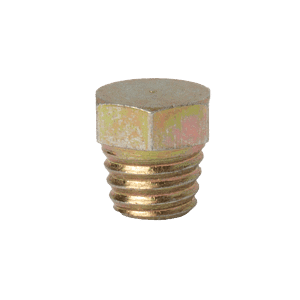 Tappo filettato M6 x 1 di alta qualità con testa esagonale in ottone resistente e filettatura trasparente, esposto verticalmente su uno sfondo bianco.