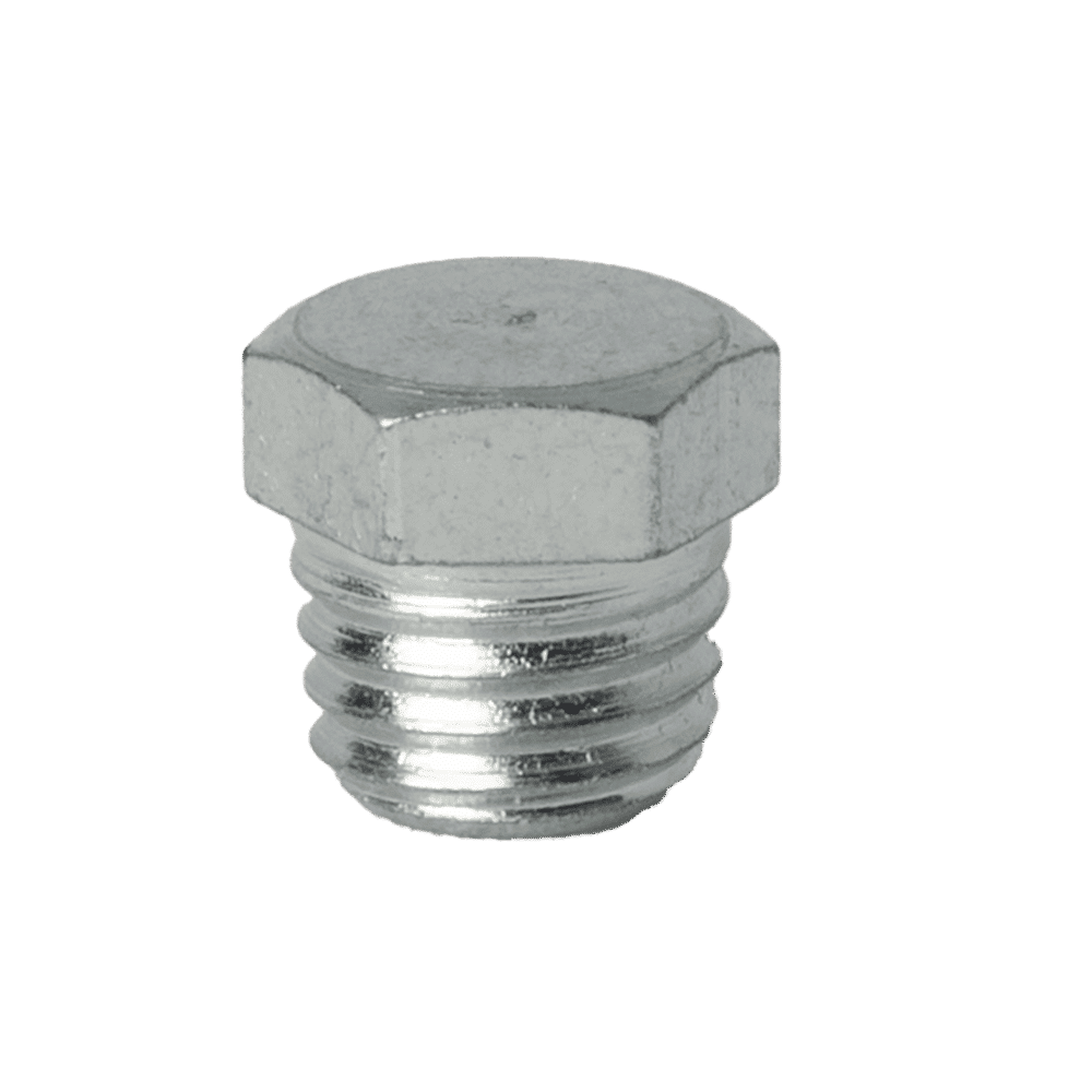 High-precision 1/4" x 28 self-forming plug—durable, silver, hexagonal, threaded—ideal for industrial grease nipple sealing.