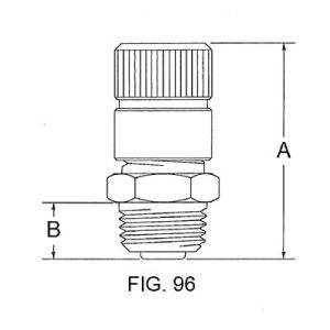 Schema tecnico del raccordo per grasso 1/8 x 28 BSPT (R1/8) con tappo antipolvere, FIG. 96, che mostra l'altezza (A) e la larghezza della filettatura (B).