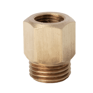 Adattatore in ottone di precisione da 1/8" BSP femmina a 1/4" BSP maschio con corpo esagonale, ideale per raccordi di lubrificazione industriali.