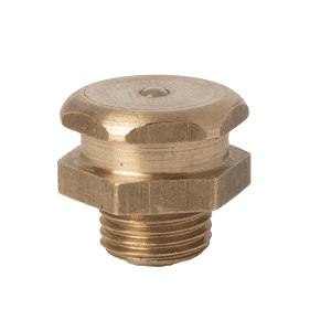 Tappo a vite in ottone con testa a bottone britannica M10 x 1 di alta qualità, con corpo esagonale, parte superiore piatta e rotonda ed estremità filettata su sfondo bianco.