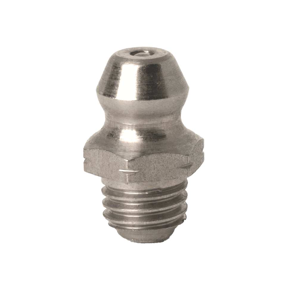 Ingrassatore in lega di nichel e rame (Monel®) di alta qualità da 1/4 X 28 Sae-Lt As15004-1 con base filettata su sfondo bianco.