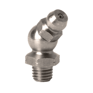 Ingrassatore Monel SAE-LT 45° da 1/4" x 28 di alta qualità con base filettata e ugello angolato; ideale per sistemi di lubrificazione industriali.