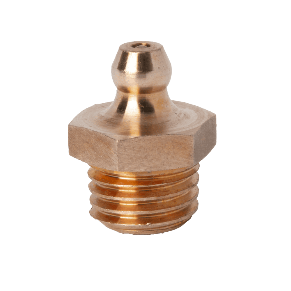 Hochwertiger, gerader M12 x 1,5-Konus-Schmiernippel aus Phosphorbronze mit Sechskantsockel, Gewindeende und präziser, abgerundeter Spitzenöffnung.