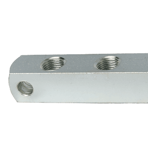 Blocco di ancoraggio a 3 vie di alta qualità con quattro fori filettati superiori, estremità non filettate; collettore perfetto per ingrassatori e connettori.