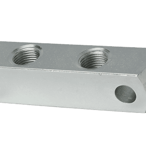 Blocco di ancoraggio bidirezionale di alta qualità con finitura in metallo lucido e quattro fori filettati per un ancoraggio flessibile e sicuro in ambienti industriali.